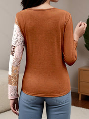 Asymmetric Buckle Contrast Color Pleated Split-Joint Irregularity Long Sleeves Round-Neck T-Shirts Tops