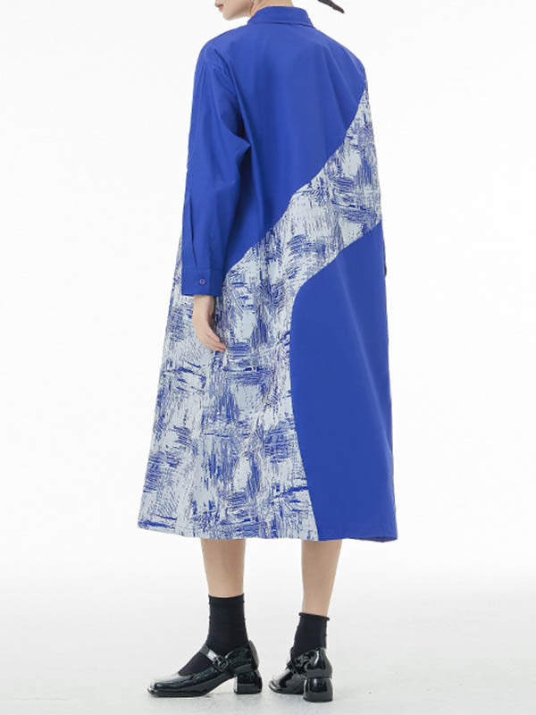 Asymmetric Buttoned Printed A-line Long Sleeves Lapel Shirt Dress Midi Dresses