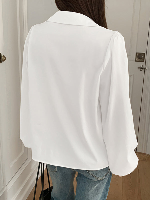 Buttoned Single-Breasted Solid Color Long Sleeves Puff Sleeves Lapel Blouses&Shirts Tops