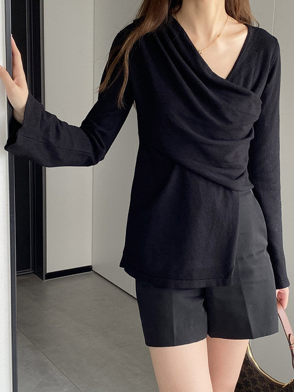 Asymmetric Solid Color Long Sleeves Loose V-Neck T-Shirts Tops