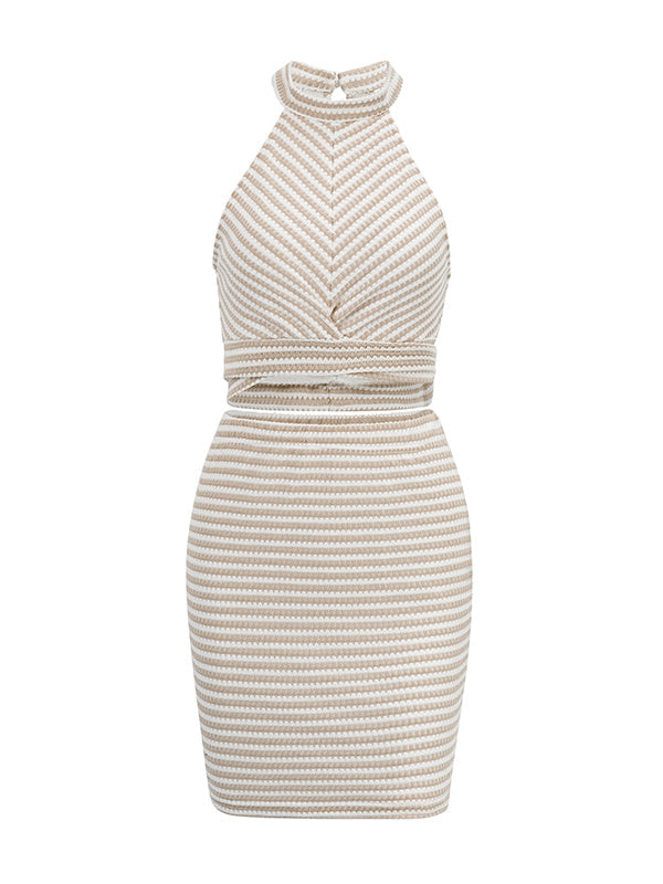 Tied Waist Halter-Neck Bodycon Sleeveless Split-Joint Striped Vest Top + Skirts Bottom Two Pieces Set