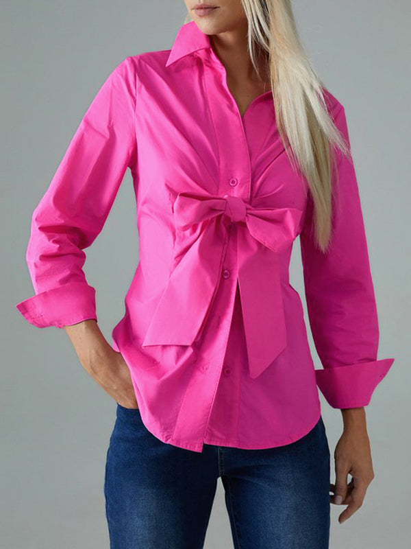 Long Sleeves Bow-Embellished Buttoned Solid Color Lapel Blouses&Shirts Tops