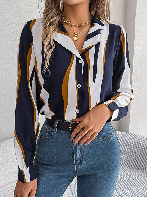 Buttoned Contrast Color Printed Long Sleeves Loose Notched Collar Blouses&Shirts Tops