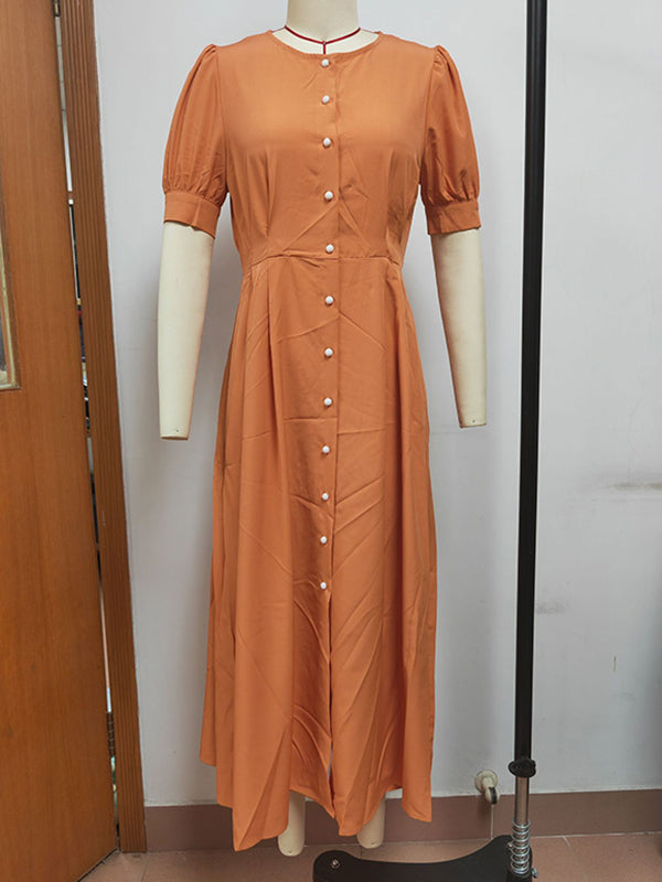 Buttoned Solid Color Puff Sleeves Short Sleeves Round-Neck Shirt Dress Midi Dresses