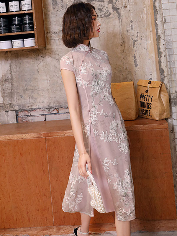 Original Applique Stand Collar Long Cheongsams