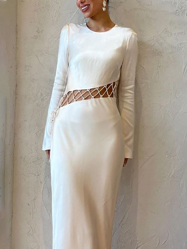 Hollow Solid Color High Waisted Long Sleeves Round-Neck Maxi Dresses