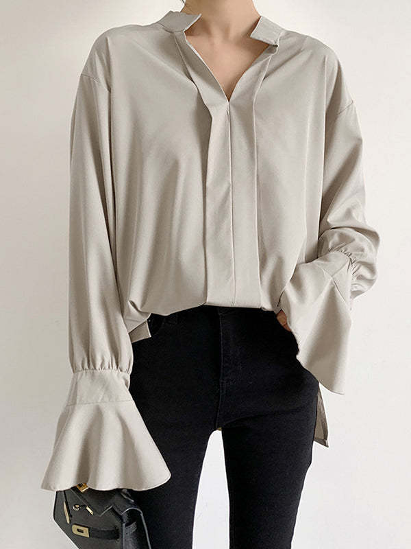 Buttoned Solid Color Split-Side Flared Sleeves High-Low V-Neck Blouses&Shirts Tops