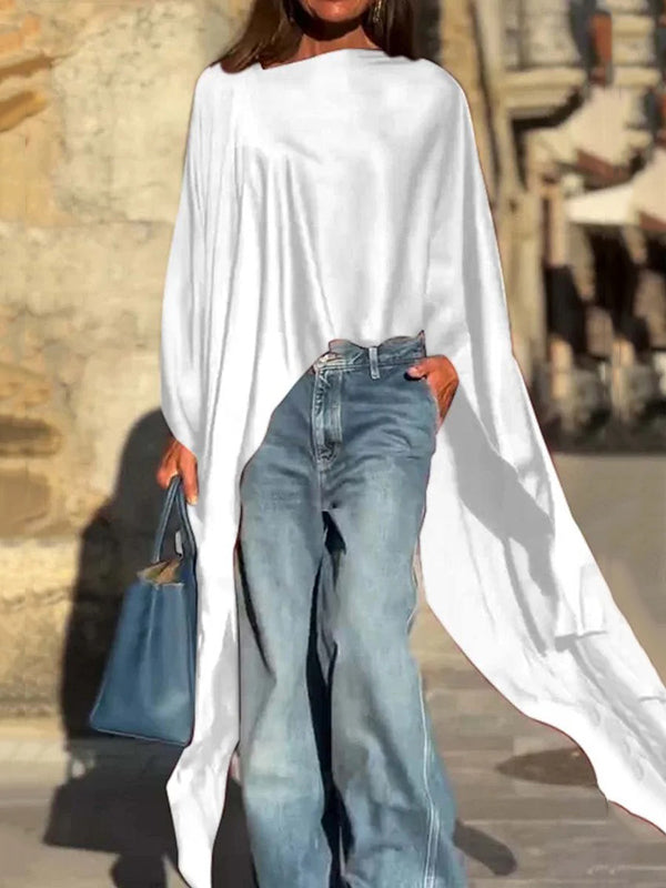 Solid Color Split-Joint Batwing Sleeves High-low Round-neck Blouses&shirts Tops