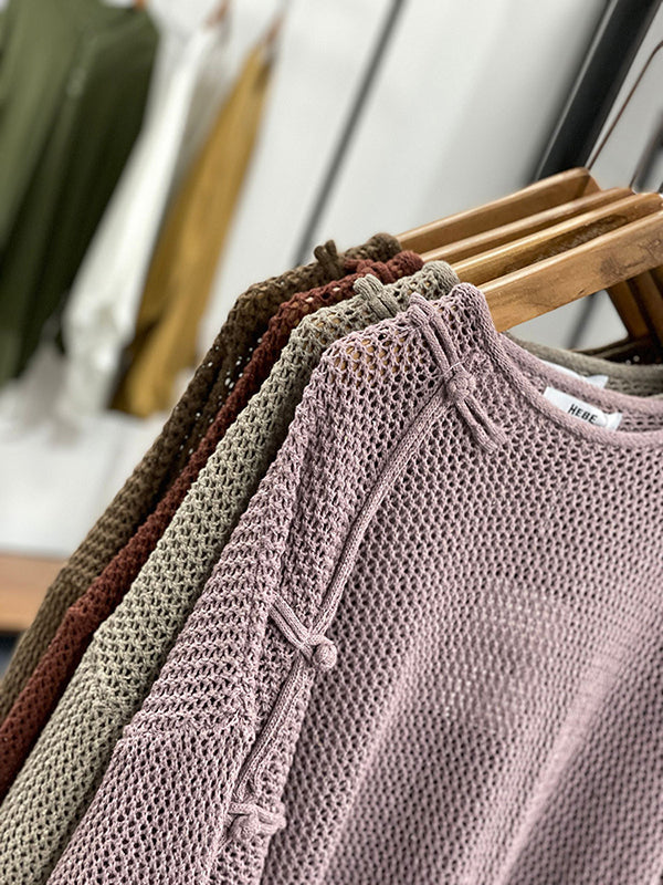 Asymmetric Hollow Split-side Long Sleeves Loose Round-neck Sweater Tops