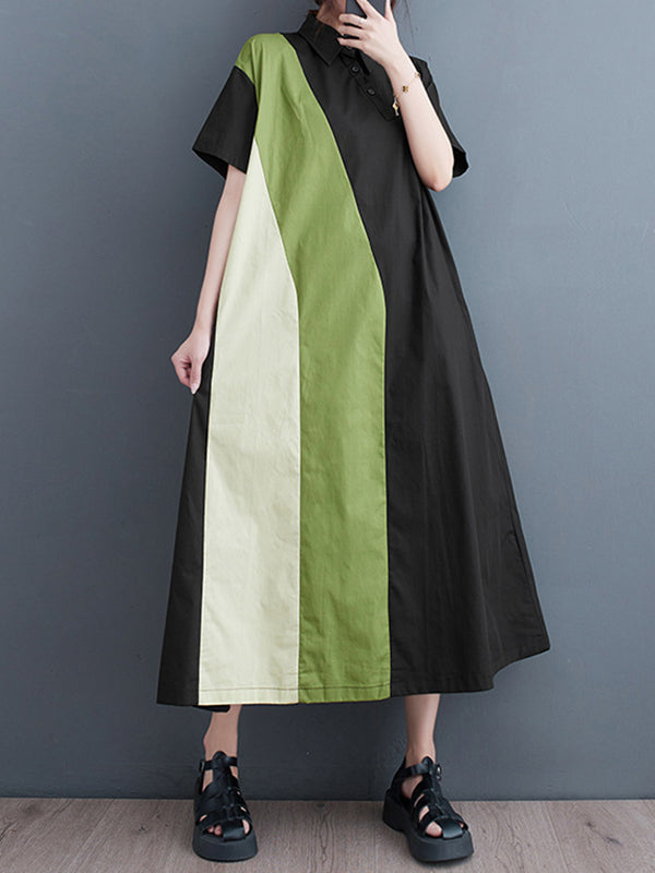 Multi-Colored Loose Short Sleeves Polo Midi Dresses