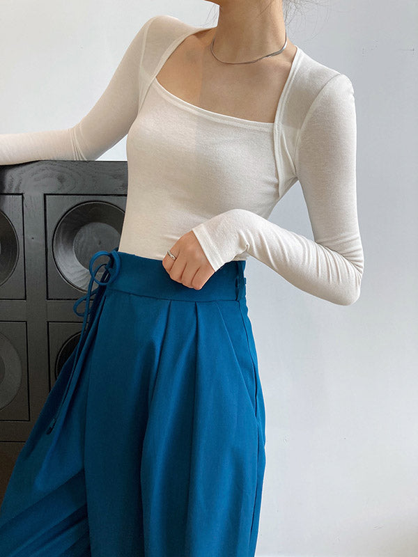 Simple Solid Color Square-Neck Long Sleeves False Two Base Shirt