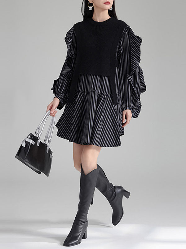 Ruffled Split-Joint Long Sleeves Loose Round-Neck Inner Mini Shirt Dress + Outer Vest Two Pieces Set