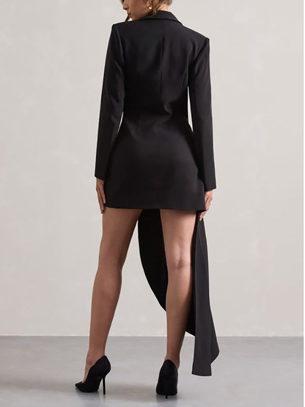 Asymmetric Buttoned Pockets Solid Color Long Sleeves Notched Collar Blazer Maxi Dress