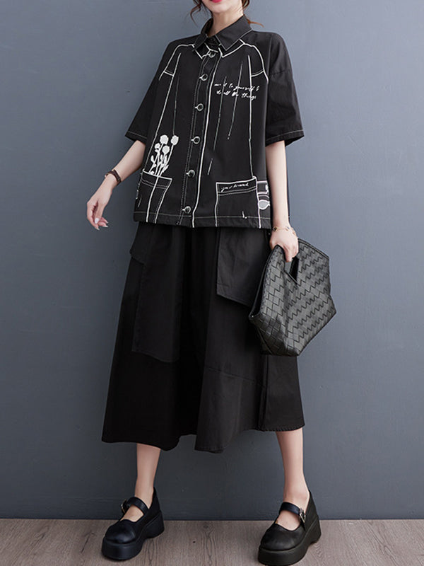 Contrast Color Printed Split-Joint Loose Short Sleeves Lapel Blouses