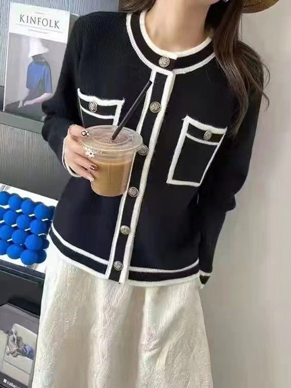 Buttoned Contrast Color Pockets Long Sleeves Round-Neck Cardigan Tops