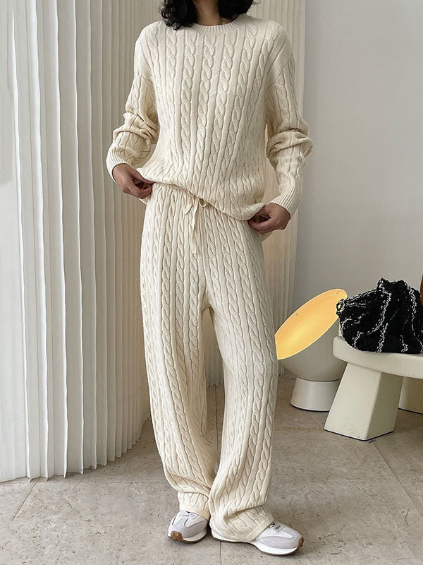 Casual Loose Long Sleeves Jacquard Solid Color Round-Neck Sweater Tops