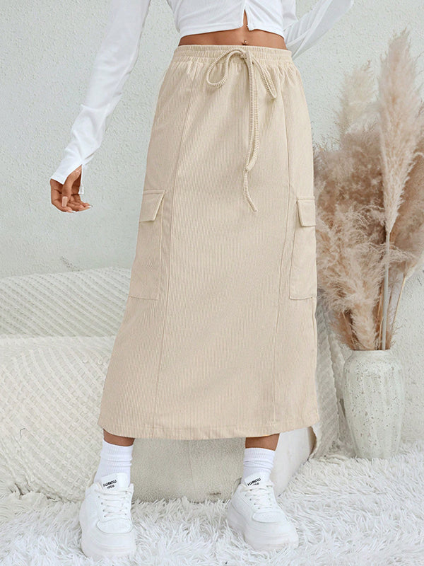 Drawstring Pockets Solid Color Split-Back Split-Joint A-Line Loose Skirts Bottoms