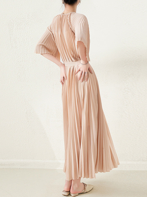 Loose Pleated With Waistband Solid Color Round-Neck Maxi Dresses