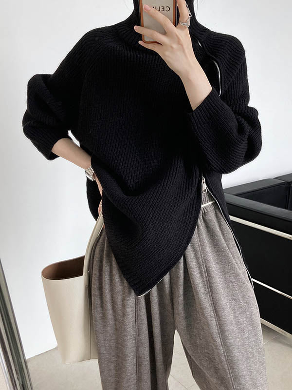 Split-Joint Split-Side Zipper Long Sleeves Loose High Neck Sweater Tops