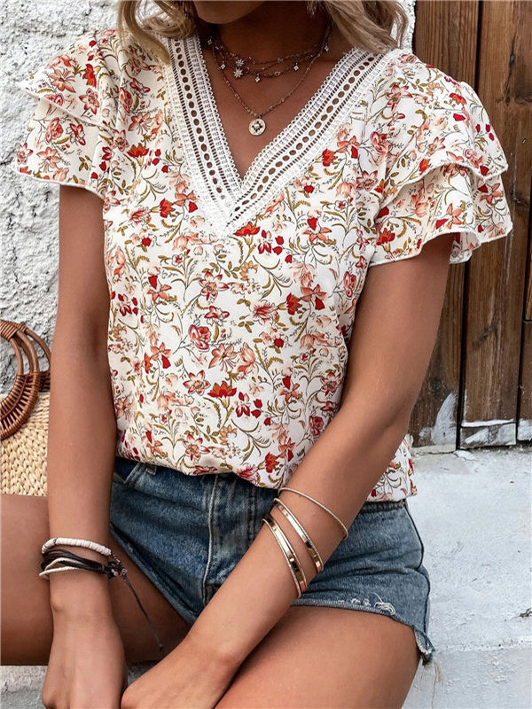 Falbala Floral Printed Split-Joint Loose Petal Sleeves V-Neck T-Shirts Tops