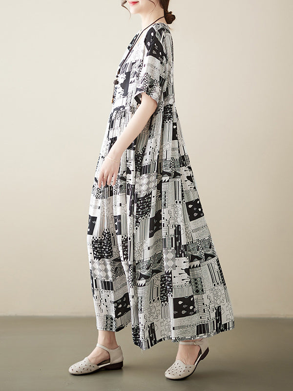 Printed A-line Loose Round-neck Midi Dresses