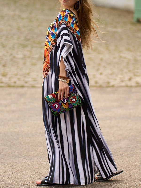 Printed Split-side Striped Batwing Sleeves Loose V-neck Maxi Dresses Beach Cover-Up