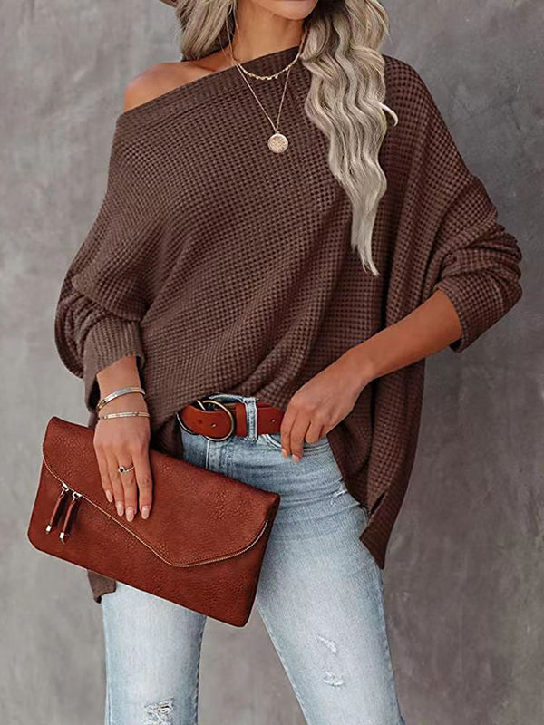 Solid Color Split-side Long Sleeves Loose Boat Neck T-shirts