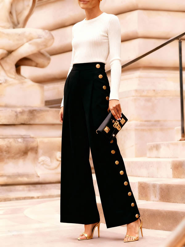 High Waisted Loose Buttoned Contrast Color Split-Joint Blazer Pants