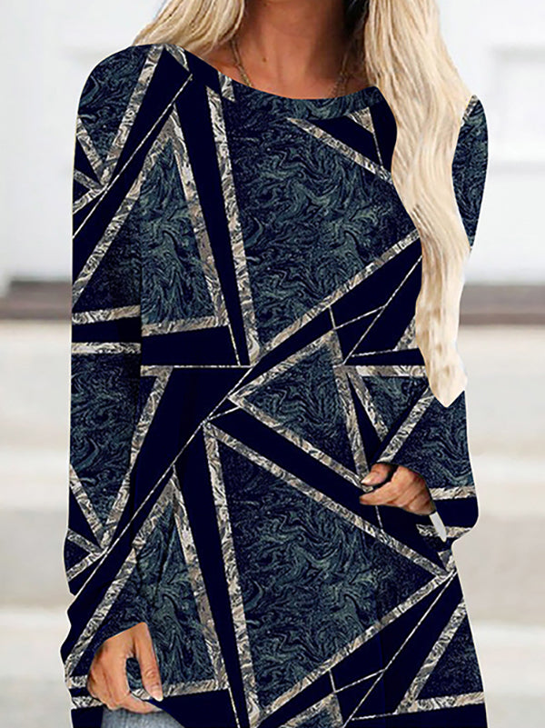 Printed High-Low Long Sleeves Round-Neck T-Shirts Tops