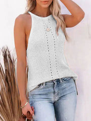 Hollow Solid Color Loose Sleeveless Spaghetti-Neck Vest Top