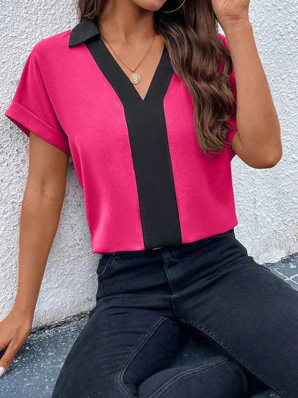 Contrast Color Loose Short Sleeves V-neck T-Shirts Tops