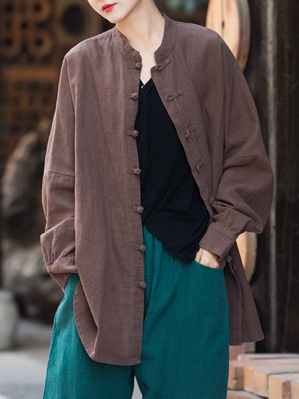 Chinese Frog Buttons Pleated Solid Color Split-Joint Batwing Sleeves Loose Stand Collar Blouses