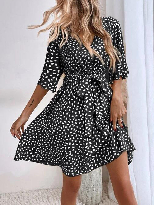 Pleated Printed Ruffled Tied Waist Half Sleeves Loose V-Neck Mini Dresses