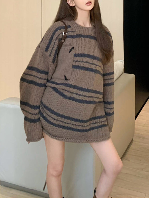 Split-Joint Striped Long Sleeves Loose Round-Neck Sweater