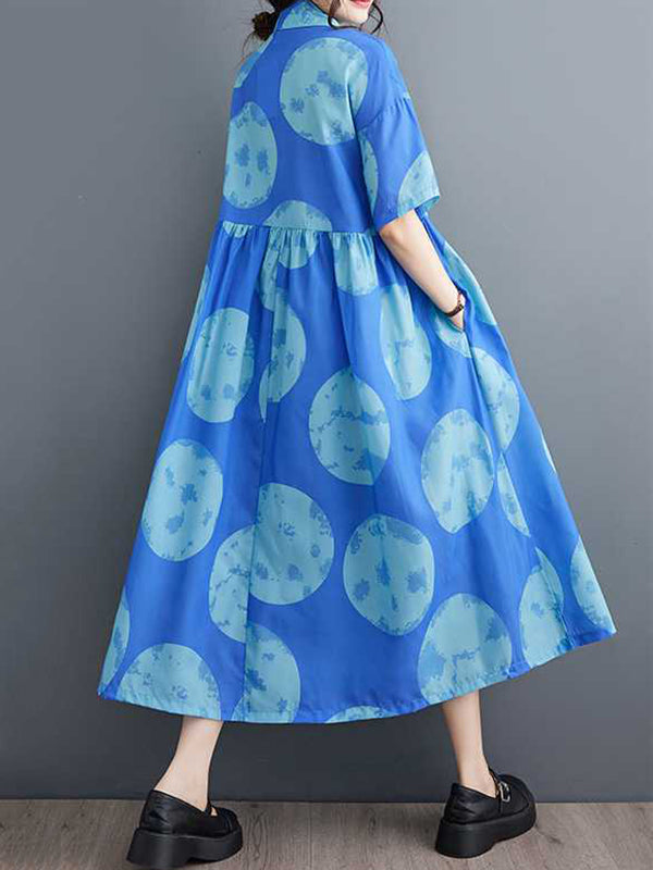 Polka-Dot Loose Short Sleeves Lapel Collar Midi Dresses