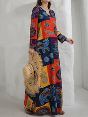 Color-Block Printed Long Sleeves Loose V-Neck Maxi Dresses