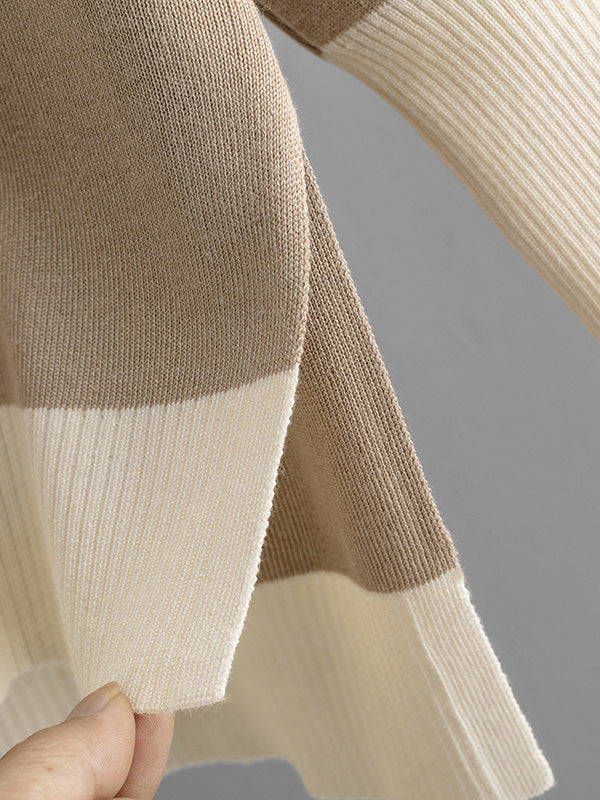 High-Low Contrast Color Split-Side V-Neck Sweater Tops + Elasticity Pants Trousers Two Pieces Set