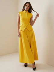 Asymmetric Buttoned Solid Color Split-Joint Elasticated Waist High Waisted Stand Collar Tank Top