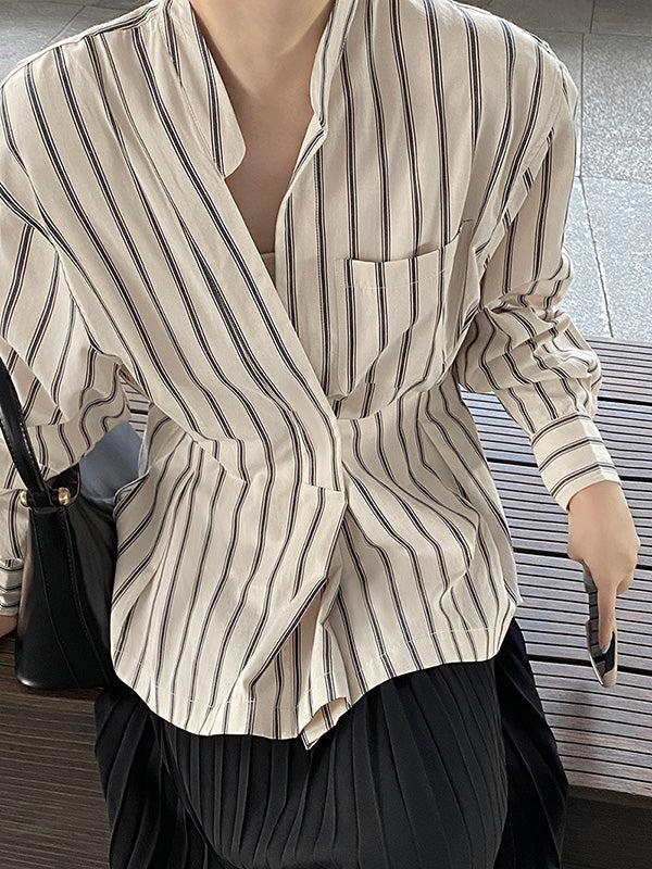 Original Creation Loose Long Sleeves Striped V-Neck Blouses&Shirts Tops