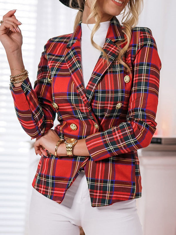 Buttoned Plaid Pockets Long Sleeves Loose Notched Collar Outerwear Blazer