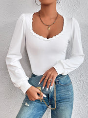 Flower Shape Solid Color Long Sleeves Skinny Lace Collar T-Shirts Tops