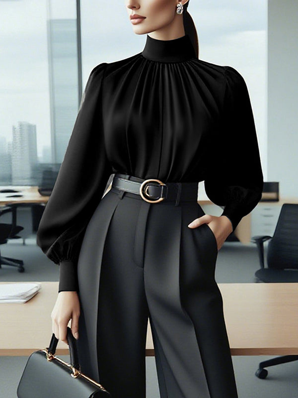 Pleated Solid Color Split-Joint Puff Sleeves High Neck Blouses&Shirts Tops