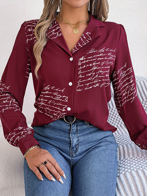 Buttoned Letter Print Long Sleeves Loose Notched Collar Blouses&Shirts Tops