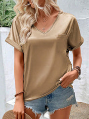 Pockets Solid Color Loose Short Sleeves V-Neck T-Shirts Tops