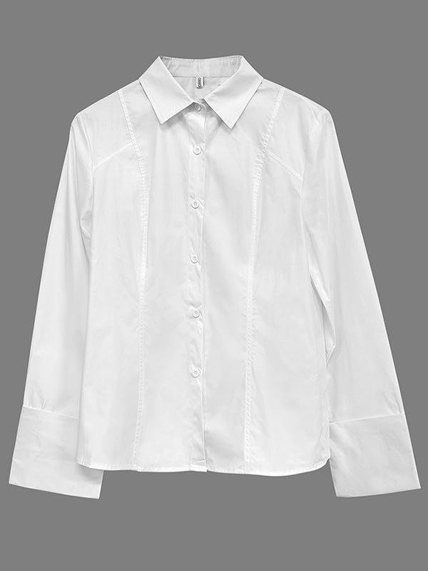 Buttoned Solid Color Long Sleeves Loose Lapel Blouses&Shirts Tops