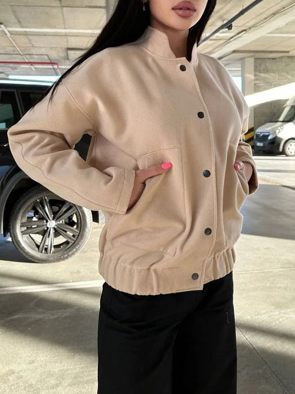 Buttoned Elasticity Pockets Solid Color Split-Joint Long Sleeves Loose Stand Collar Outerwear Jackets