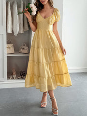 Backless Pleated Solid Color Tied A-Line Loose V-Neck Midi Dresses