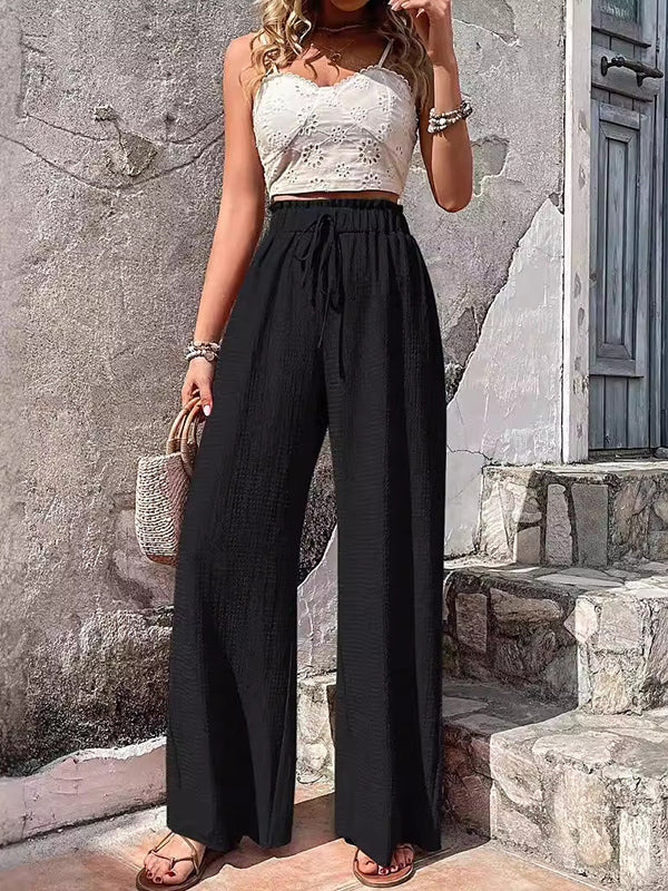 Drawstring Elasticity Solid Color Split-Joint Loose Wide Leg Trousers Pants