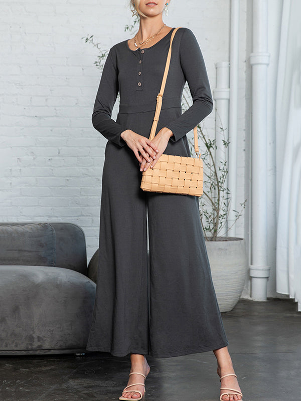 Buttoned Solid Color High Waisted Long Sleeves Round-Neck Jumpsuits