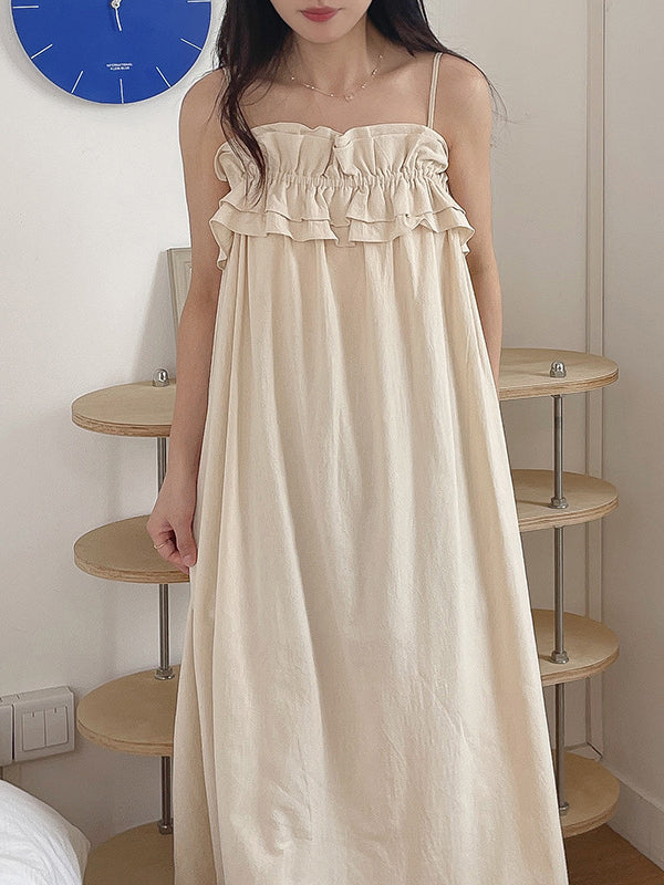 Elasticity Pleated Ruffled Solid Color Loose Sleeveless Spaghetti-Neck Pajama Dress Midi Dresses
